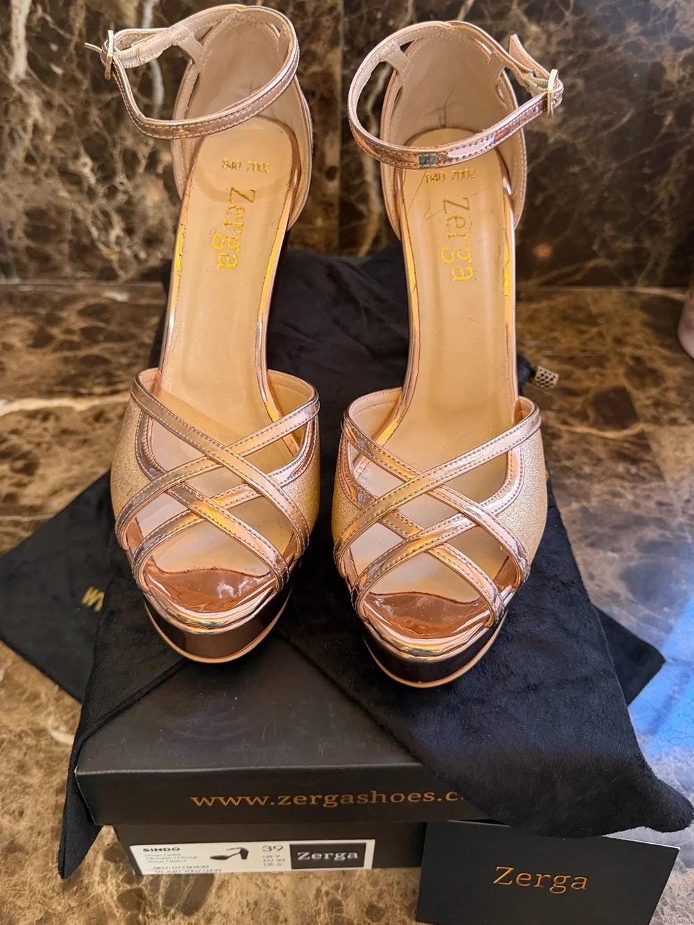 Zerga-“Sindo”- Rose Gold Metallic/Mirror Glitter Platform High Heel Sandals-Sz 9